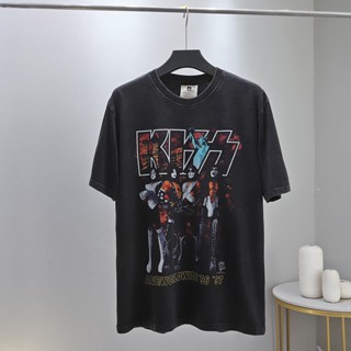 ใหม่ เสื้อยืดคอกลม แขนสั้น ผ้าฝ้ายแท้ พิมพ์ลาย kiss Band Statue of Liberty สไตล์เรโทร สําหรับทุกเพศ