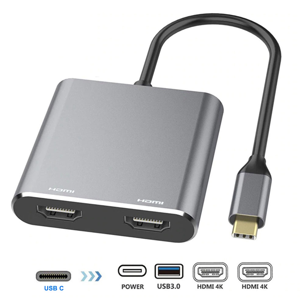 ประเภท C ถึง Dual HDMI USB อะแดปเตอร์ 2in1 HUB 4K สองจอภาพกระจกขยายจอแสดงผล Macbook แล็ปท็อปโทรศัพท์