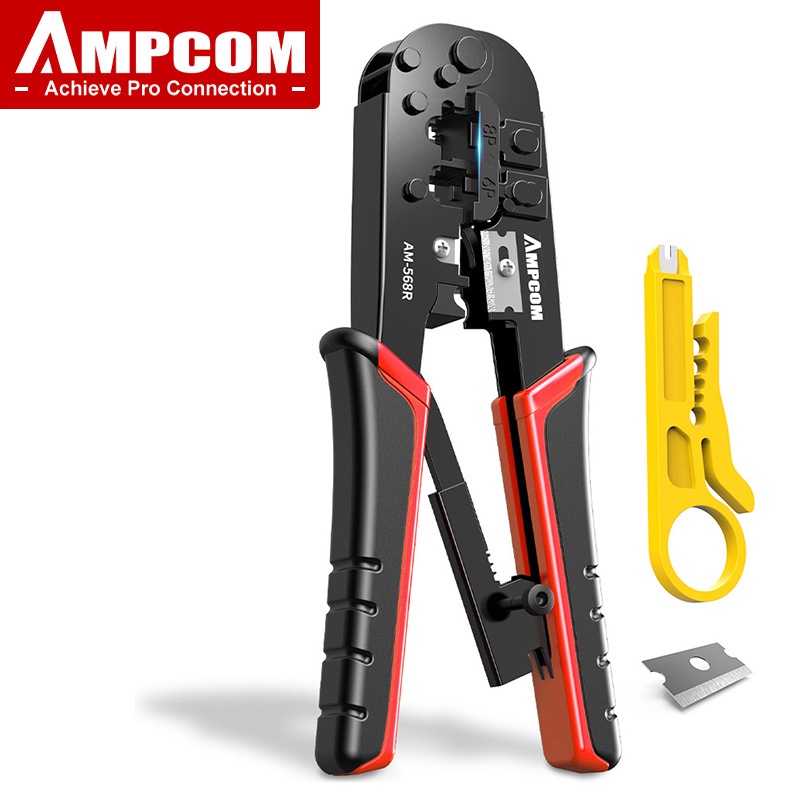 AMPCOM เครื่องกดสาย RJ45 เครื่องอัด RJ11 RJ45 สำหรับรางเครือบสาย LAN Ethernet มีกรรไกรตัดสาย รวมถึงตัวเครื่องตัดและตัดสายแบบคีมสำหรับ 6P 8P RJ-11/RJ-12 และ RJ-45