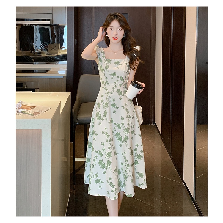 เดรสสีเขียว ดอกไม้ น่ารัก เกาหลี แขนกุด ไปทะเล แฟชั่น ผู้หญิง prom dress