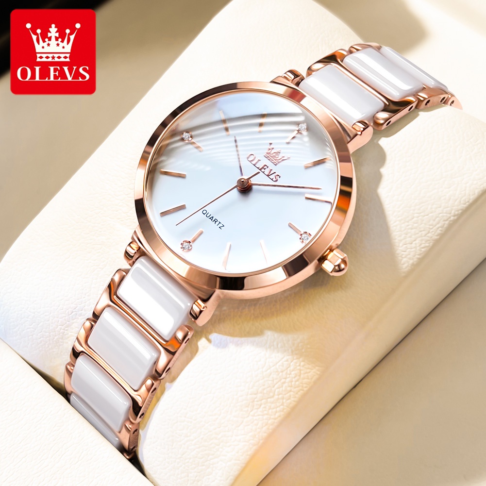 OLEVS นาฬิกาข้อมือผู้หญิง กันน้ํา 100% สายเซรามิกประดับเพชร สง่างาม หรูหรา นาฬิกาผู้หญิง ทันสมัย ​​และลำลอง นาฬิกาควอตซ์ แฟชั่น ของขวัญวันเกิดผู้หญิง นาฬิกาหญิง 5877