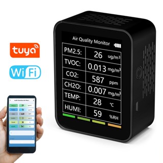 Tuya เครื่องตรวจจับคุณภาพอากาศ WiFi แบบพกพา 6 In 1 PM2.5 TVOC CO2 CH2O สําหรับบ้าน ออฟฟิศ