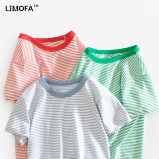 LJMOFA KIDS เสื้อยืดคอกลม แขนสั้น ผ้าฝ้ายแท้ ลายทาง ใส่สบาย เรียบง่าย แฟชั่นฤดูร้อน สําหรับเด็กผู้ชาย และเด็กผู้หญิง 1-10 ปี