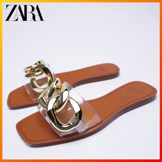 Zara ใหม่ TRF รองเท้าแตะ ส้นแบน สายโซ่ใส สําหรับผู้หญิง