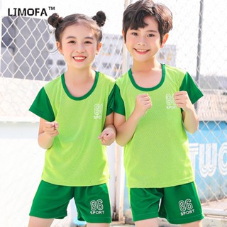 LJMOFA KIDS เด็กอายุ 3-10 ปีชุดกีฬาเด็กผู้หญิงแห้งอย่างรวดเร็วกลางแจ้งง่าย ๆ ฤดูร้อนสั้นแขนสั้นสั้นผ้าไหมเย็น 2 ชิ้นซับน้ำแข็งสบาย ๆ เสื้อกีฬาดูดซับเหงื่อ