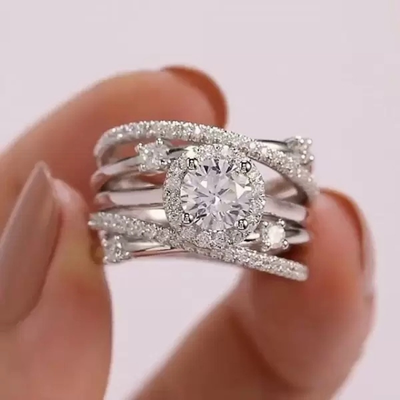 925 เงินสเตอร์ลิงออกแบบใหม่ 2 ชิ้นชุด Cubic Zirconia แหวนสําหรับงานแต่งงานอุปกรณ์เสริมประกายคริสตัลแหวนเครื่องประดับแฟชั่นสําหรับผู้หญิง