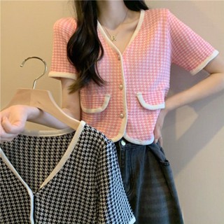 ใหม่ เสื้อยืดแขนสั้น คอวี ผ้าถัก ทรงหลวม ลายสก๊อต สีชมพู