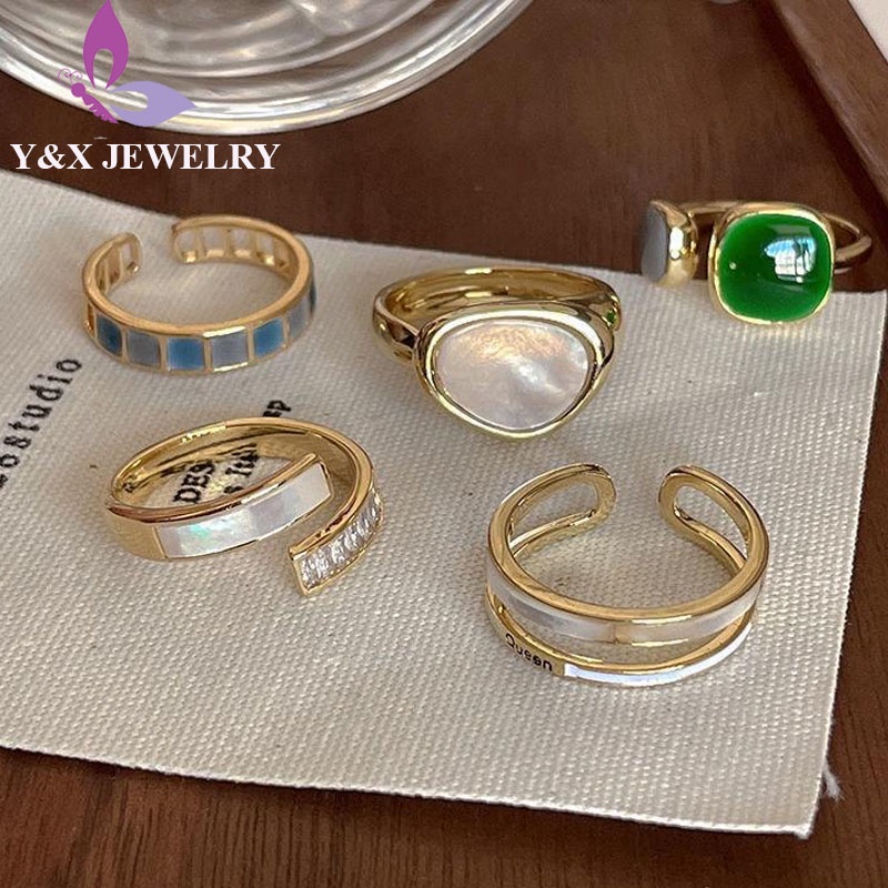 【Y&X】แหวนเคลือบสีทอง สไตล์เกาหลี เรโทร ปรับได้ สําหรับผู้หญิง