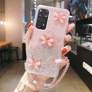 เคสโทรศัพท์สําหรับ Xiaomi Redmi Note 11 11S 10S 9S 10 7 8 9 Pro 4G 5Gมือถือแบบนิ่ม กันกระแทก ลายผีเสื้อ พร้อมสายคล้องข้อมือ หรูหรา