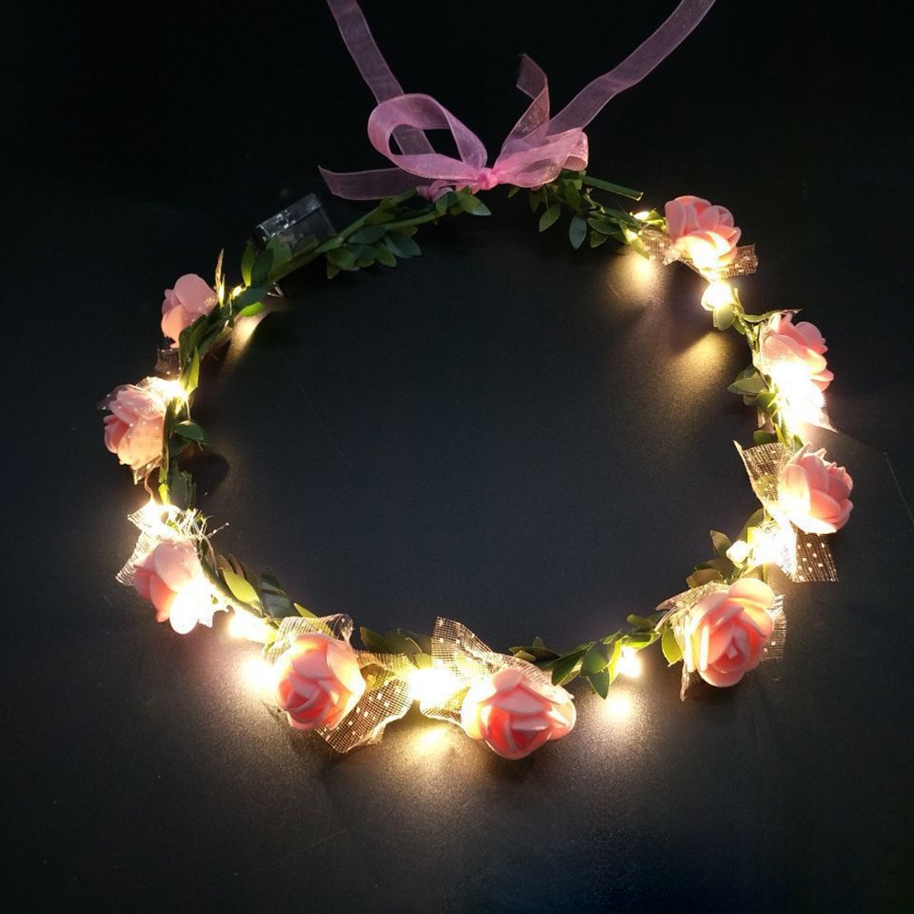 ที่คาดผมหวาย ประดับดอกไม้ มีไฟ Led สีสันสดใส เหมาะกับงานปาร์ตี้