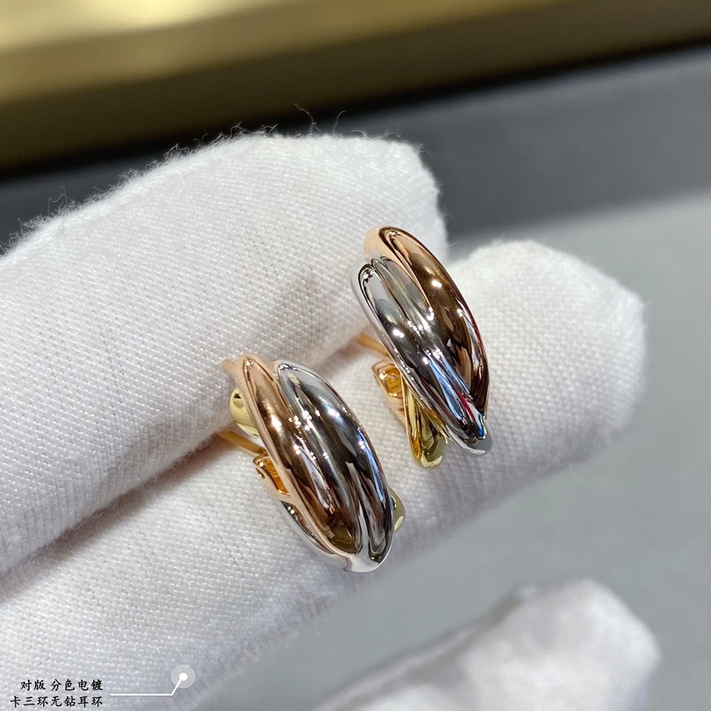 New Ca&r*tier Tri-Ring Tri-color Earrings Non-drilled Earrings Fashion Simple Non-allergic Girl Earrings