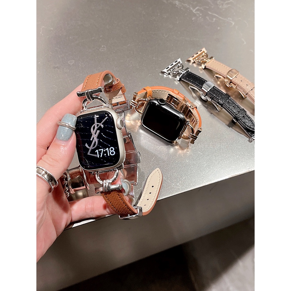 ◙✐IAMYEE หัวเข็มขัดผีเสื้อสายหนังเย็บโลหะสำหรับ Apple 345678 Generation SE Watch iWatch