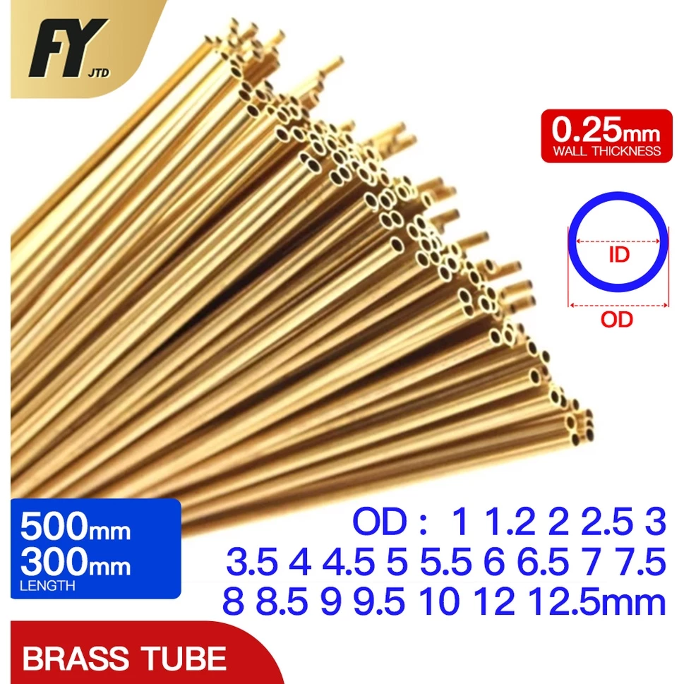 Fuyi ท่อทองเหลือง หนา 0.25 มม. ยาว 300 500 มม. OD 1 1.2 1.5 2 2.5 3 3.5 4 4.5 5 5.5 6 6.5 7 7.5 7.7 8 8.5 9 9.5 10 12 12.5 มม.