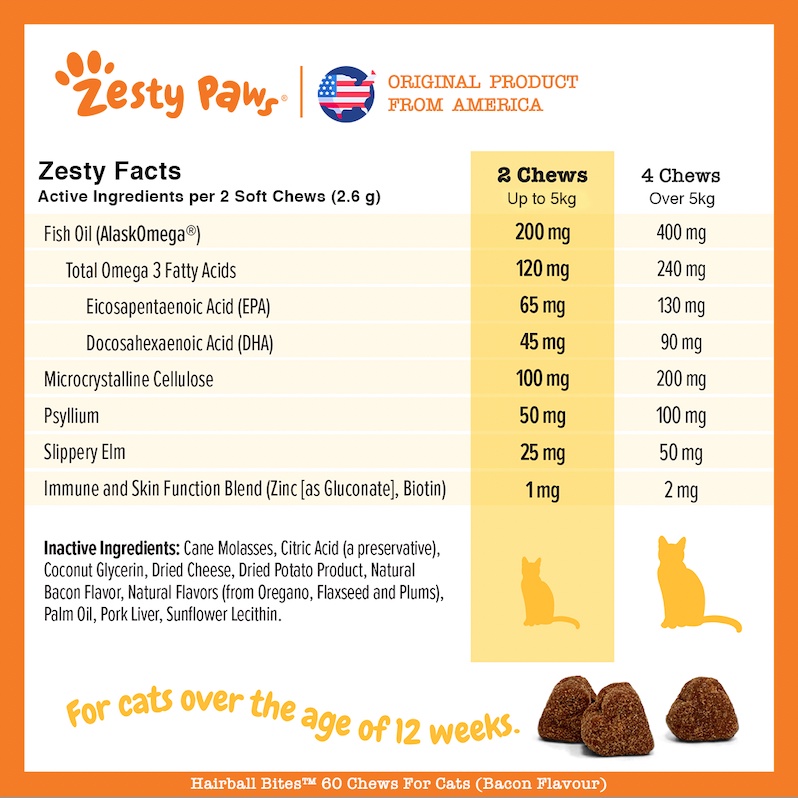 Zesty Paws Hairball Bites For Cats Gut Health รสเบคอน แบบนุ่ม 60 เม็ด