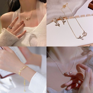 เครื่องประดับ สร้อยคอ สร้อยข้อมือ ต่างหู ชุบทอง 18k จี้ดอกทิวลิป สไตล์เกาหลี เหมาะกับของขวัญ สําหรับผู้หญิง