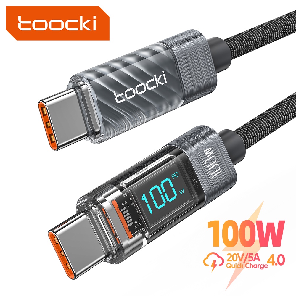 Toocki 100W Type-C เป็น Type-C จอแสดงผล LED สายเคเบิล ชาร์จเร็ว 60W C-C PD สายข้อมูลโปร่งใส