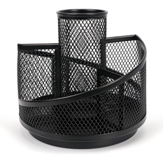 360 Degree Rotating Mesh Desk Organizer Rotating Metal Pen Pencil Desktop Holder With 5 Compartments For School Home Office Art Supply Storage Box