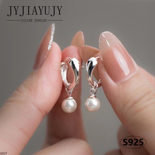 JYJIAYUJY 100% Sterling Silver S925 Drop Hoop Earrings Round 6MM White Shell Pearl Shape Korean Casual Elegant Daily Trendy Women Fashion Hypoallergenic Fine Jewelry Gift E027