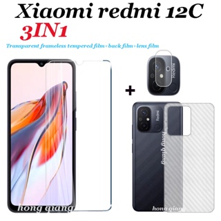 3in1 Xiaomi Redmi 12C / 10C / 10A / A1 / A1 + / 9C / 9A / 9 / 8A ฟิล์มกระจกนิรภัย หน้าจอใส ไร้ขอบ + ฟิล์มเลนส์