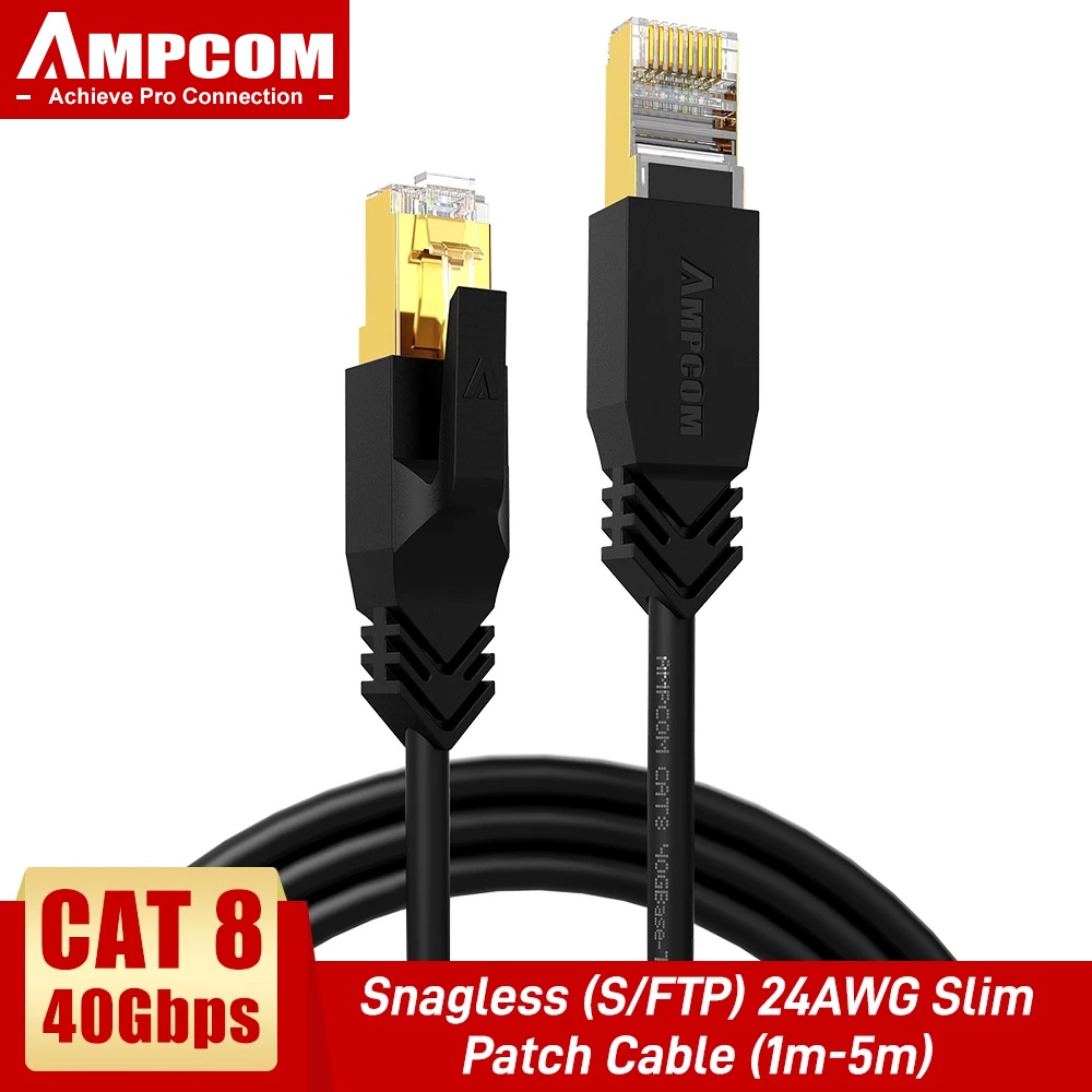AMPCOM สายเคเบิลอีเธอร์เน็ต CAT8, สายแบบบางความเร็วสูง CAT8 Lan 40Gbps