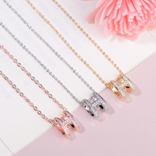 Hermes สร้อยคอเงิน 925 จี้รูปตัว H ฝังเพชร ขนาดเล็ก หรูหรา สําหรับผู้หญิง