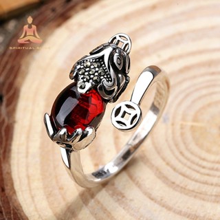 แหวนเงินทิเบต Pixiu Wealth Attraction Ring Garnet Piyao Coin Ring สไตล์ทิเบต