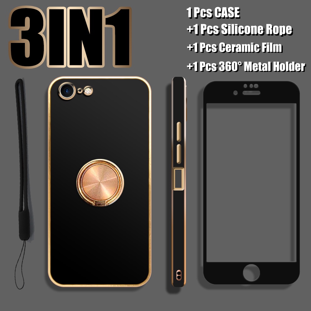 3 IN 1 เคสโทรศัพท์มือถือ เซรามิค ชุบไฟฟ้า เต็มจอ พร้อมแหวนโลหะ และสายคล้องซิลิโคน สําหรับ iPhone 7 iPhone 8 iPhone SE 2020
