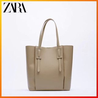 Zara กระเป๋าสะพายไหล่ ทรงโท้ท ความจุขนาดใหญ่ สีเบจ สําหรับสตรี