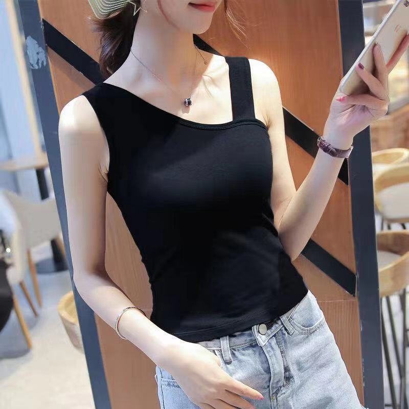 เสื้อครอปท็อป แขนกุดเซ็กซี่ พร้อมเบาะหน้าอก แฟชั่นสไตล์เกาหลี สําหรับผู้หญิง