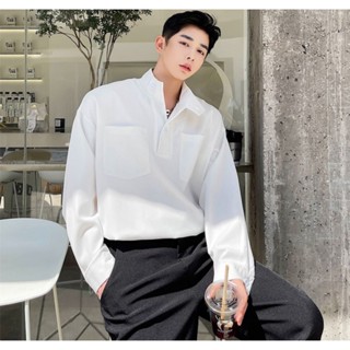 [M-3XL] เสื้อเชิ้ตแขนยาว คอปกตั้ง แต่งกระดุม สีขาว สําหรับผู้ชาย