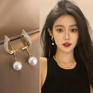 Korean Fashional S925 silver neddle pearl S-shaped Elegant gold Earrings zircon Earrings Pearl Earrings Rhinestone Long Tassel Earrings