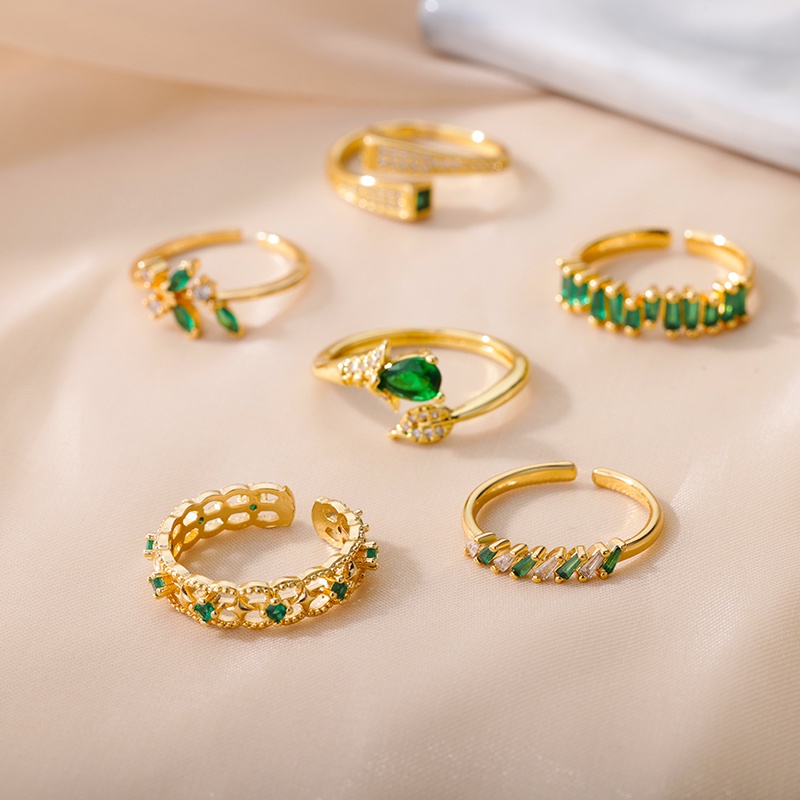 Kaijiang Cincin สีเขียวเพทายเรขาคณิตแหวนผู้หญิงสแตนเลสปรับเปิดแหวนคู่ Charm เครื่องประดับแฟชั่นอุปกรณ์เสริม