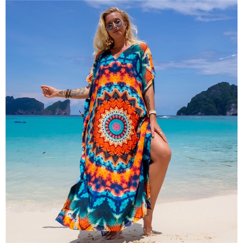 DN0849 Boho Beach Tunic Kaftans ผู้หญิงเซ็กซี่พิมพ์ Sarong Beach Dress วันหยุดชุดว่ายน้ํา Cover Up