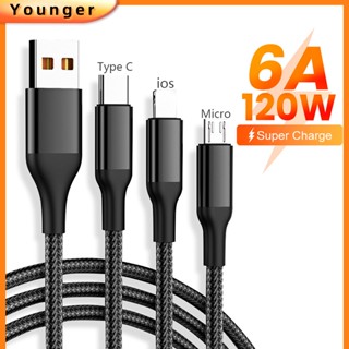 3 In 1 สายชาร์จ 120W Micro Usb Type 6A ชาร์จเร็ว 1.2 ม. 2 ม.