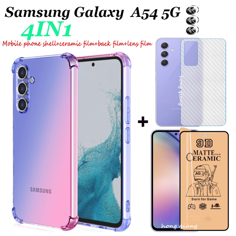 เคสโทรศัพท์ ไล่โทนสี + เคสโทรศัพท์เซรามิค นิ่ม เนื้อแมตต์ กระจกนิรภัย เต็มจอ + สติกเกอร์ติดเลนส์กล้อง ด้านหลัง + ฟิล์มคาร์บอนไฟเบอร์ด้านหลัง สําหรับ Samsung Galaxy A54 5G A34 A14 5G A05 A24 A04E