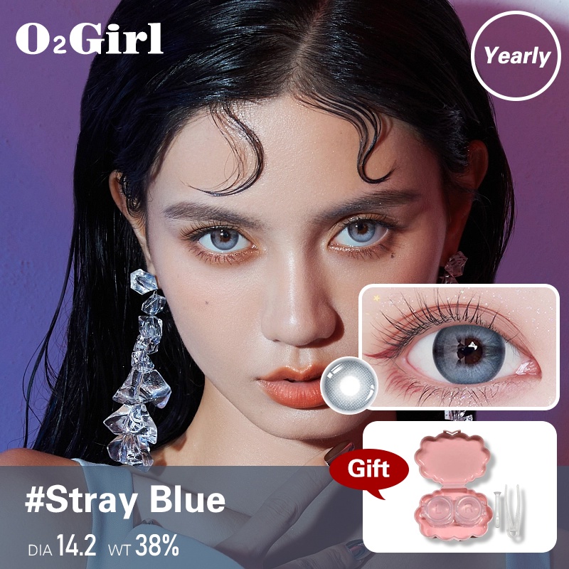 O2Girl คอนแทคเลนส์ Mini 2 ชิ้น 14.2 สีน้ำเงินมม. บิ๊กอายแว่นตาสายตาสั้นแต่งหน้าผลิตภัณฑ์ความงามเลนส์(0-8.00)Stray-blue