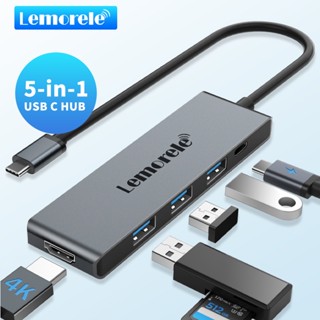 Lemorele อะแดปเตอร์ฮับ USB C อลูมิเนียม 5 in 1 พร้อม 4K HDMI 3 USB-A แท่นวาง USB C สําหรับ MacBook Air Pro M1 iPad M1 Windows Switch Lenovo Android และอื่น ๆ