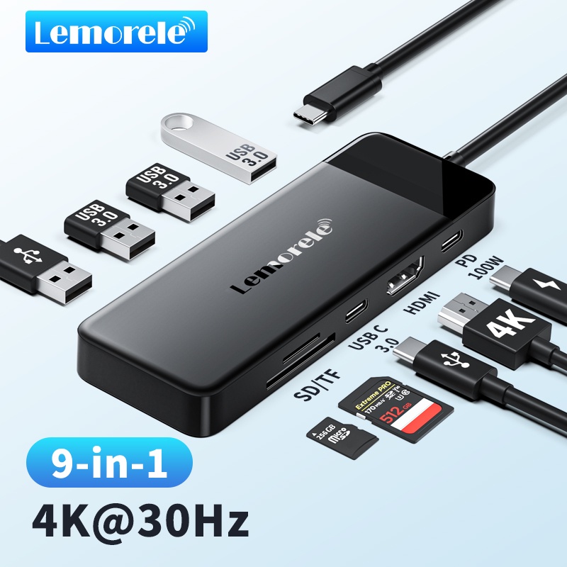 Lemorele TC92 USB-C HUB 9 in 1 อะแดปเตอร์ อะแดปเตอร์หลายพอร์ต 100WPD ชาร์จ HDMI สนับสนุน 4K 30hz สำหรับ MacBook iPad Chromecast Switch PS4 Steam Windows