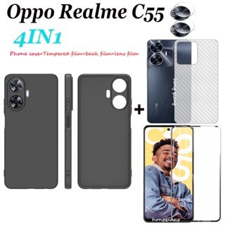 4 in 1 เคสโทรศัพท์มือถือกระจกนิรภัย ฟิล์มเลนส์ ฟิล์มด้านหลัง สีดํา สําหรับ Realme C55 C35 C30 C30S 25 C25Y C21Y C11 2021 C11 2020