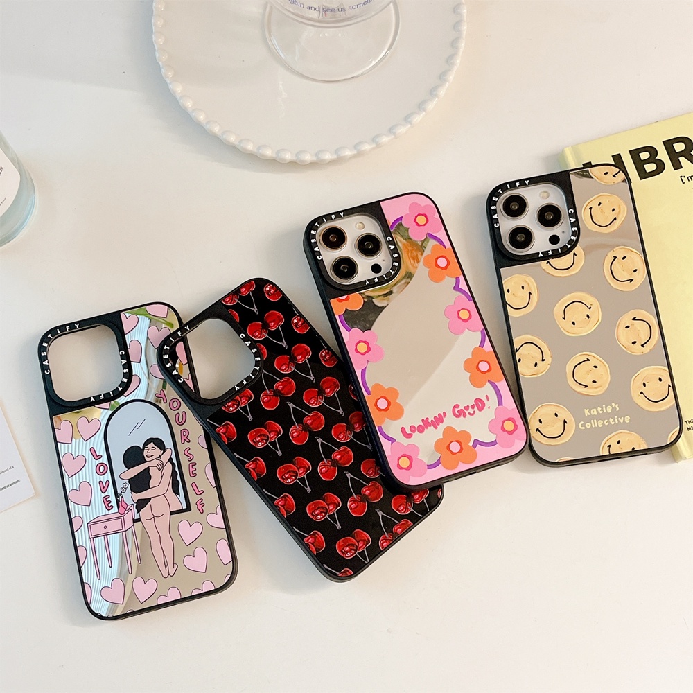 สําหรับiphone 16 14 15 Pro Max Smile Faceสติกเกอร์สําหรับiPhone 12 13 Pro Max Hard PCปกหลังกรณีiPhone 15 กันกระแทกสําหรับiPhone 15 14 Plusดอกไม้กระจกกรณี