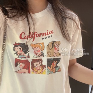 【ใหม่】All-match Vintage Cartoon Print Shirt Top Loose Round Neck Short Sleeve Womens T-shirt