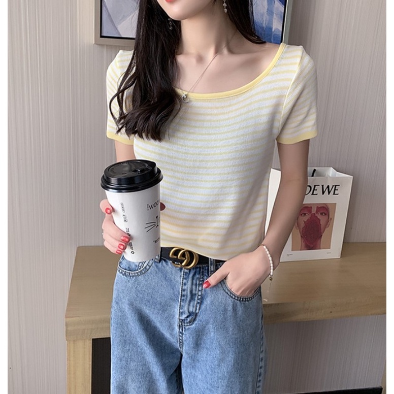 SK2066 -MSIA Stok Sequeen Baju Wanita ถักวัสดุผู้หญิง Top เสื้อยืดแขนสั้นถัก