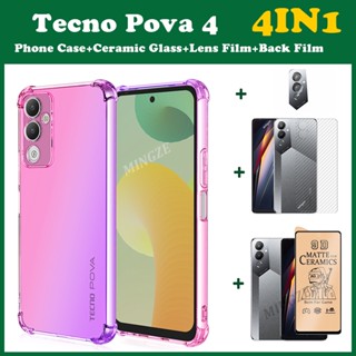 (4 In 1) Tecno Pova 3 เคสโทรศัพท์มือถือ ไล่โทนสี กันตกสี่มุม + ฟิล์มเซรามิคนิ่ม + ฟิล์มเลนส์ + ฟิล์มด้านหลัง