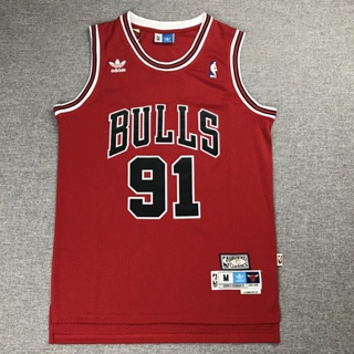 เสื้อกีฬาแขนสั้น ลายทีม NBA Jersey Chicago Bulls No.91 Rodman สีแดง สไตล์เรโทร