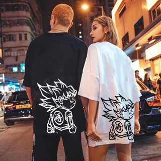 【ใหม่】Oversized Mens Loose Short Sleeve T-Shirt Dragon Ball Sketch Print Fashion Oversized Couple Top