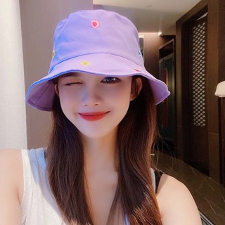 หมวกถังเกาหลีท่องเที่ยวป้องกันแสงแดดหมวกกระบังหมวกปักดอกไม้ผ้าฝ้ายสไตล์ลำลองสาวสำหรับผู้หญิงหมวกกันแดด