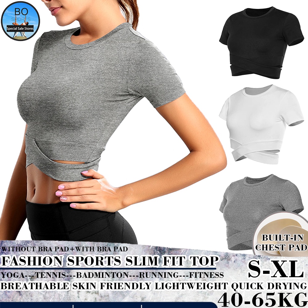 Bosport เสื้อครอปท็อปแขนสั้น แบบแห้งเร็ว คุณภาพสูง รองรับ 40-65 กก. เหมาะกับการเล่นโยคะ กีฬา ฟิตเนส สําหรับผู้หญิง