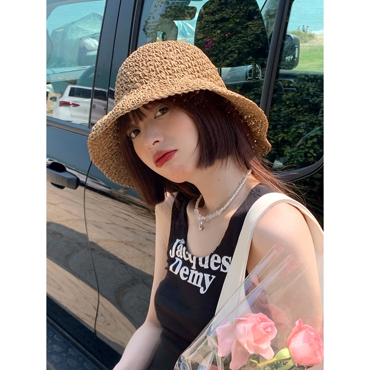 หมวกฟางปีกกว้าง แต่งลูกไม้ ประดับโบว์ สามารถพับได้ เหมาะกับเดินชายหาด แฟชั่นฤดูร้อน สําหรับผู้หญิง