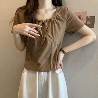 ใหม่ เสื้อยืด แขนสั้น คอผูกเชือก สีกากี แฟชั่นสไตล์เกาหลี สําหรับผู้หญิง