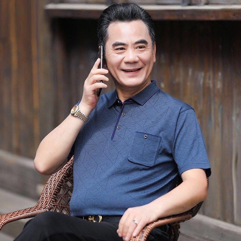 เสื้อโปโลแขนสั้น ผ้าเรยอน ทรงหลวม สไตล์เกาหลี สําหรับผู้ชายวัยกลางคน และผู้สูงอายุ - รูปที่ 2